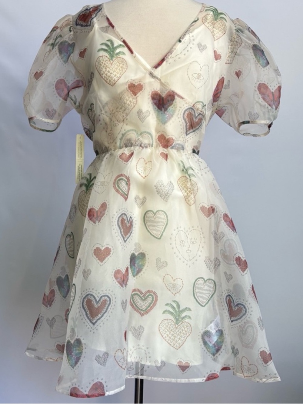 NWT Farm Rio Organza Puff-Sleeve Hearts Eye print Dress, size L - Picture 9 of 15